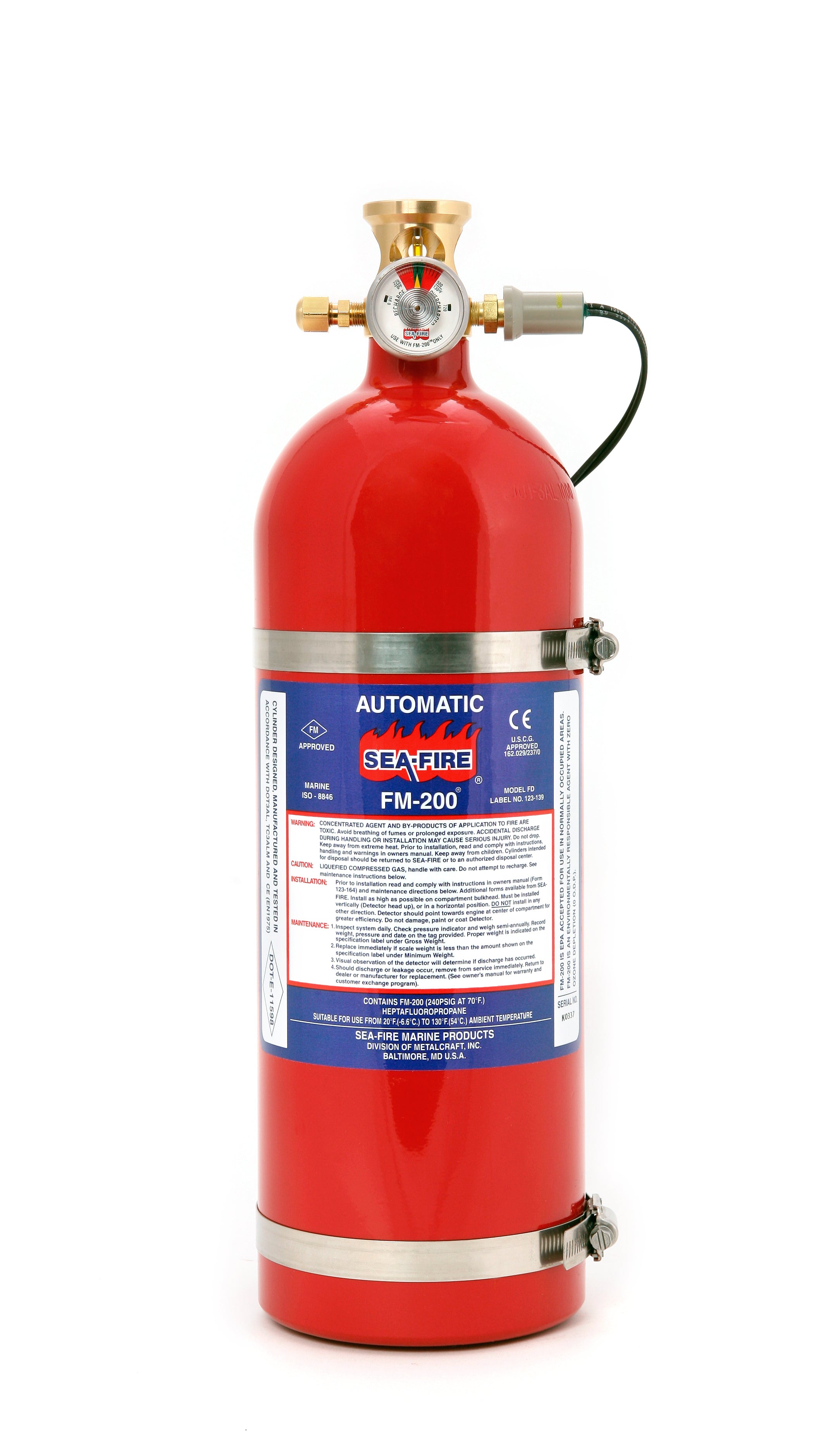 SEA-FIRE MARINE AUTOMATIC FG 25A SERIES- FM 200 CLEAN AGENT FIRE SYSTEM-(25  CUBIC FT. SIZE) AREA